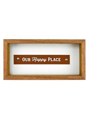 NWT At Home Framed "Our Happy Place" Brown Wood Wall Sign Sz 9.5x4.7"